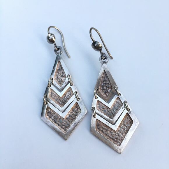 Stamped silver textured geometric fish hook earrings - Picture 3 of 11